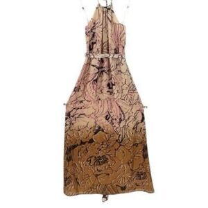Glam Brown Pink Floral Silk Tie Waist Halter Midi Dress Size Small
